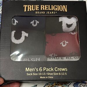 True Religion Men's Crew Socks 6-Pack - Black, Gray, Burgundy